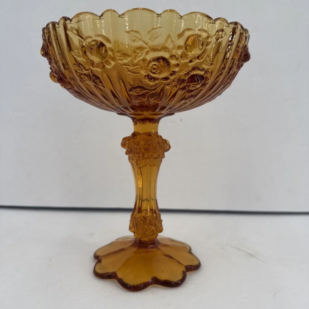 Vintage Fenton Rose Amber Footed Pedestal Glass Compote Candy Dish Trinket Bowl